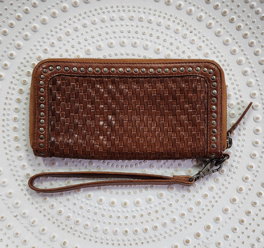 Woven leather wallet-Tan & silver studs