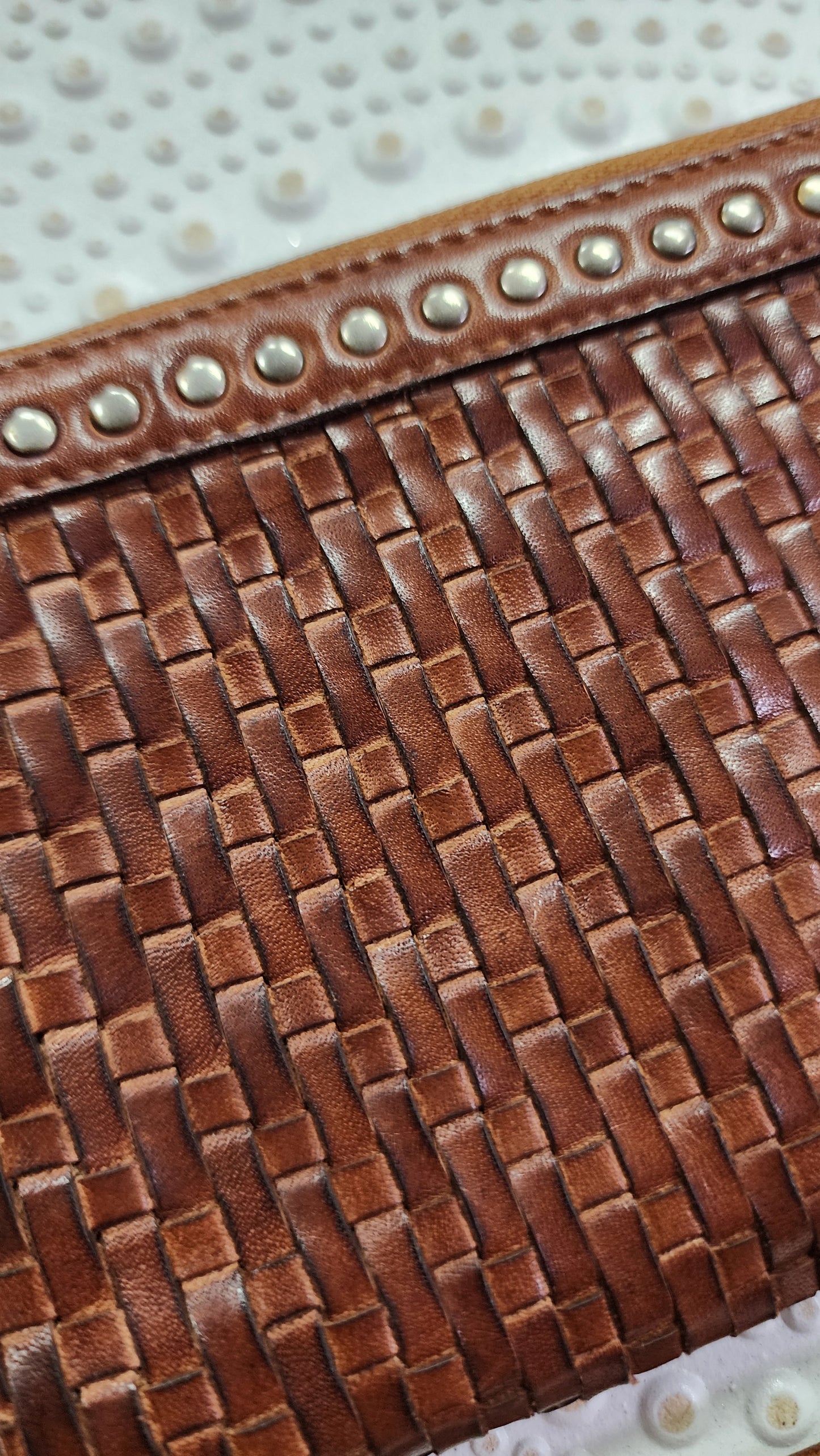 Woven leather wallet-Tan & silver studs