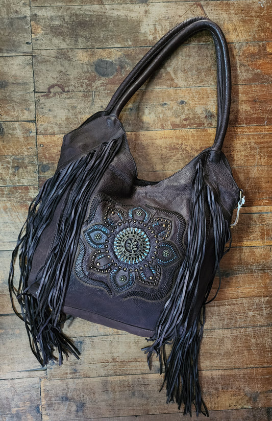 Leather fringed Art n Vintage bag-Tobbacco